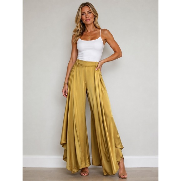 Lilysilk Pants - LILYSILK Silk Blend Culottes Sz 33 Gold asymmetrical Hem Wide Leg Palazzo Pants